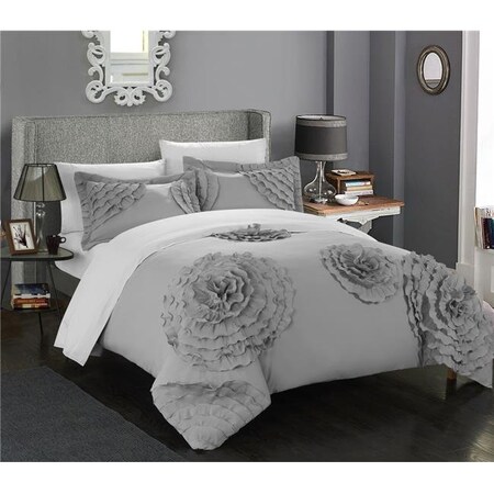 Chic Home Chic Home DS1837-US Valerio Floral & Rose Pleated Etched Applique Duvet Cover Set - Silver - King - 3 Piece DS1837-US